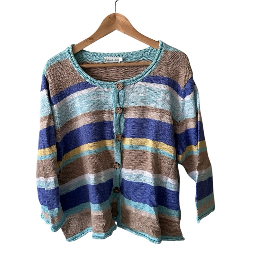 Lulu-B Blue Tan Striped Coastal Wood Button Cotton Cardigan Sweater Plus Size 1X